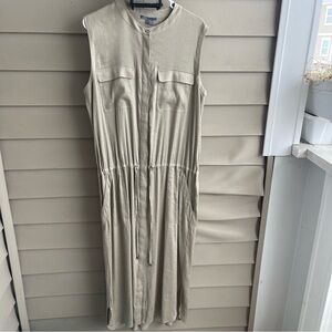 Vince Linen Blend Cargo Midi Shift Dress Sleeveless Shirtdress Sandbar Tan L NWT